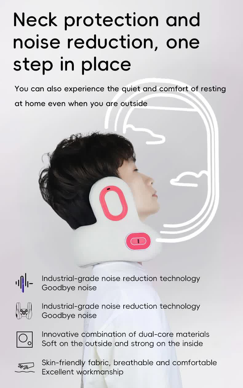 Smart 4-in-1 Travel Neck Pillow with ANC Headphones - Heated Vibration Massage & Bluetooth Audio - Memory Foam Support for Planes & Home - Beige - Image 8