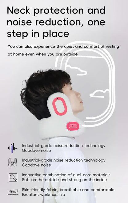 Smart 4-in-1 Travel Neck Pillow with ANC Headphones - Heated Vibration Massage & Bluetooth Audio - Memory Foam Support for Planes & Home - Beige - Image 8