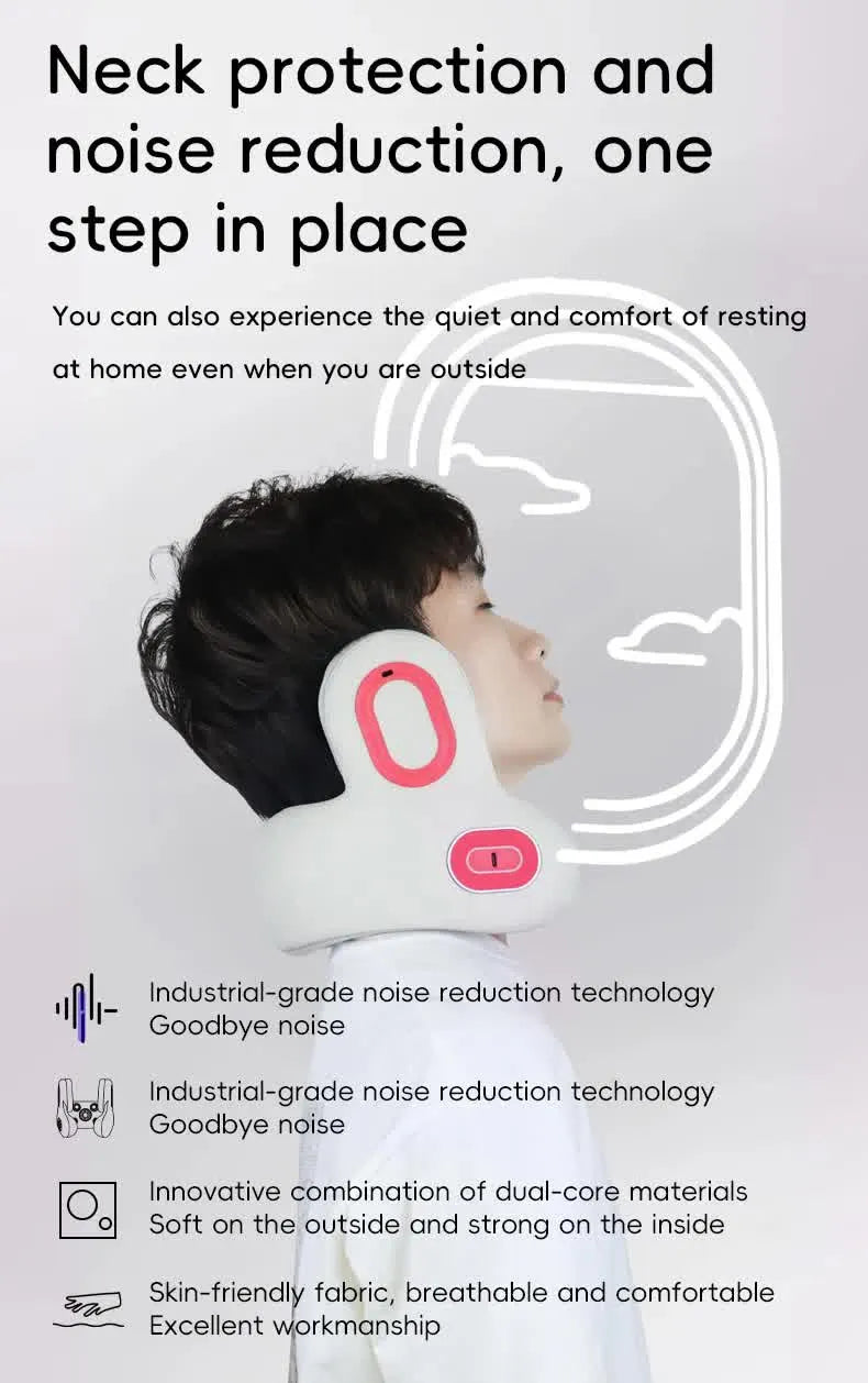 Smart 4-in-1 Travel Neck Pillow with ANC Headphones - Heated Vibration Massage & Bluetooth Audio - Memory Foam Support for Planes & Home - Beige - Image 8