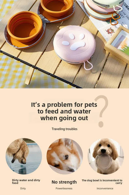 Portable Silicone Double Pet Bowl - Collapsible Travel Dog Feeder for Food & Water - 2 x 450ml Capacity with Zipper Case - Brown - Image 5