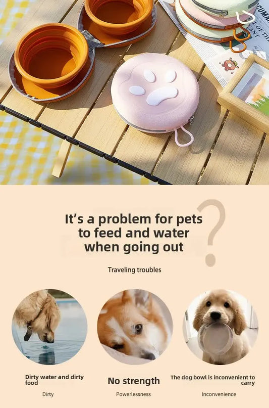 Portable Silicone Double Pet Bowl - Collapsible Travel Dog Feeder for Food & Water - 2 x 450ml Capacity with Zipper Case - Brown - Image 5