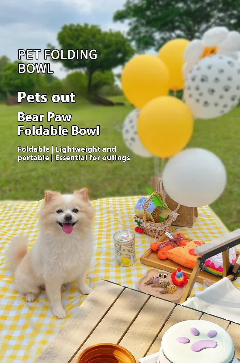 Portable Silicone Double Pet Bowl - Collapsible Travel Dog Feeder for Food & Water - 2 x 450ml Capacity with Zipper Case - Light Yellow - Image 4