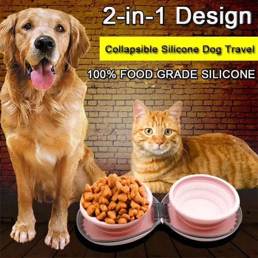 Portable Silicone Double Pet Bowl - Collapsible Travel Dog Feeder for Food & Water - 2 x 450ml Capacity with Zipper Case - Pink - Image 2