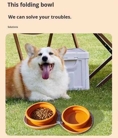 Portable Silicone Double Pet Bowl - Collapsible Travel Dog Feeder for Food & Water - 2 x 450ml Capacity with Zipper Case - Brown & Yellow - Image 6