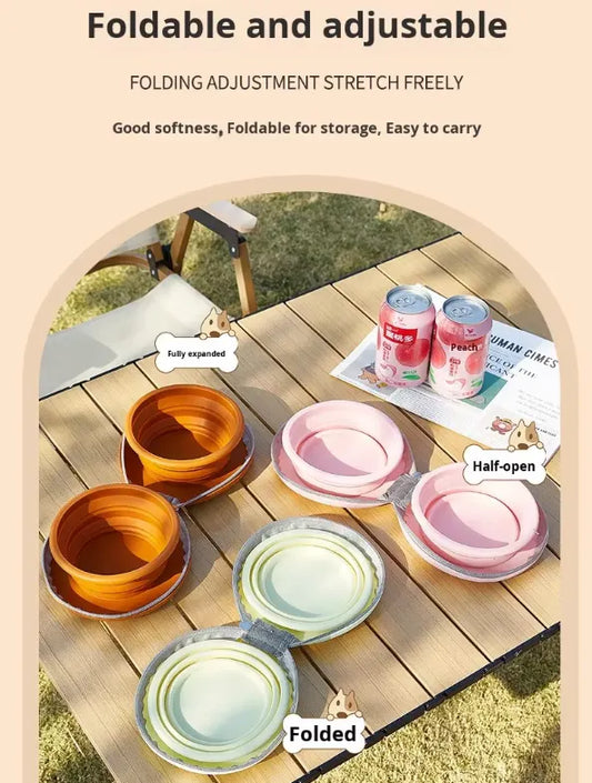 Portable Silicone Double Pet Bowl - Collapsible Travel Dog Feeder for Food & Water - 2 x 450ml Capacity with Zipper Case - Brown & Pink - Image 7