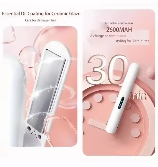 Cordless Mini Hair Straightener & Curler 2-in-1 - Portable USB Rechargeable Ceramic Flat Iron with 3 Temperature Settings - Compact Travel Styler for Bangs & Touch Ups - Pink - Image 6