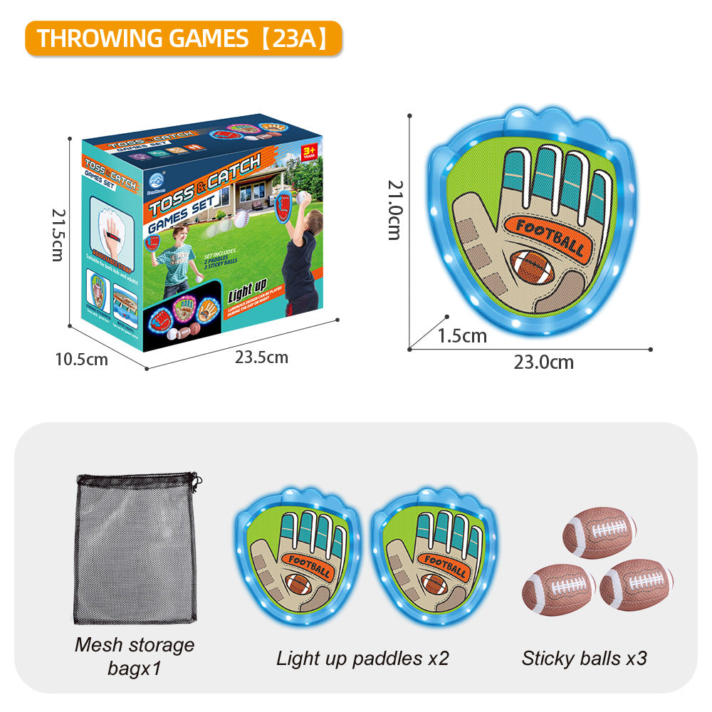 LED Light Up Toss and Catch Game Set - 2 Glowing Blue Paddles & 3 Sticky Rugby - Fun Outdoor Beach & Camping Toy for Kids & Adults - Includes Mesh Storage Bag