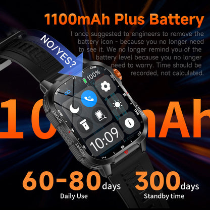 Rugged Outdoor Smart Watch for Men - 1100mAh Extra Long Battery with LED Flashlight & Compass - 2.01" HD Screen Bluetooth Calling IP68 Waterproof Fitness Tracker - Black - Image 2