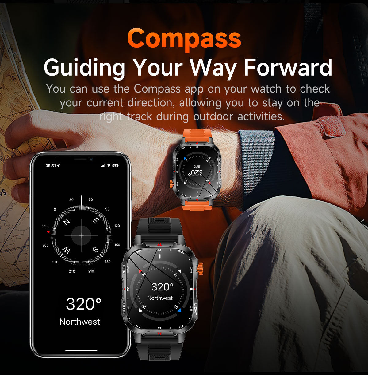 Rugged Outdoor Smart Watch for Men - 1100mAh Extra Long Battery with LED Flashlight & Compass - 2.01" HD Screen Bluetooth Calling IP68 Waterproof Fitness Tracker - Black - Image 5