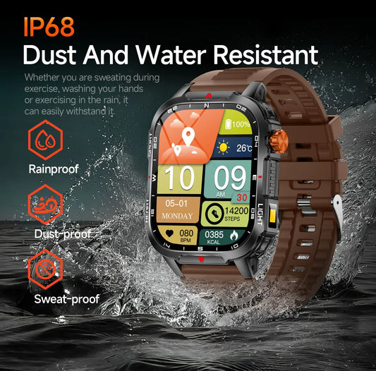 Rugged Outdoor Smart Watch for Men - 1100mAh Extra Long Battery with LED Flashlight & Compass - 2.01" HD Screen Bluetooth Calling IP68 Waterproof Fitness Tracker - Black - Image 6