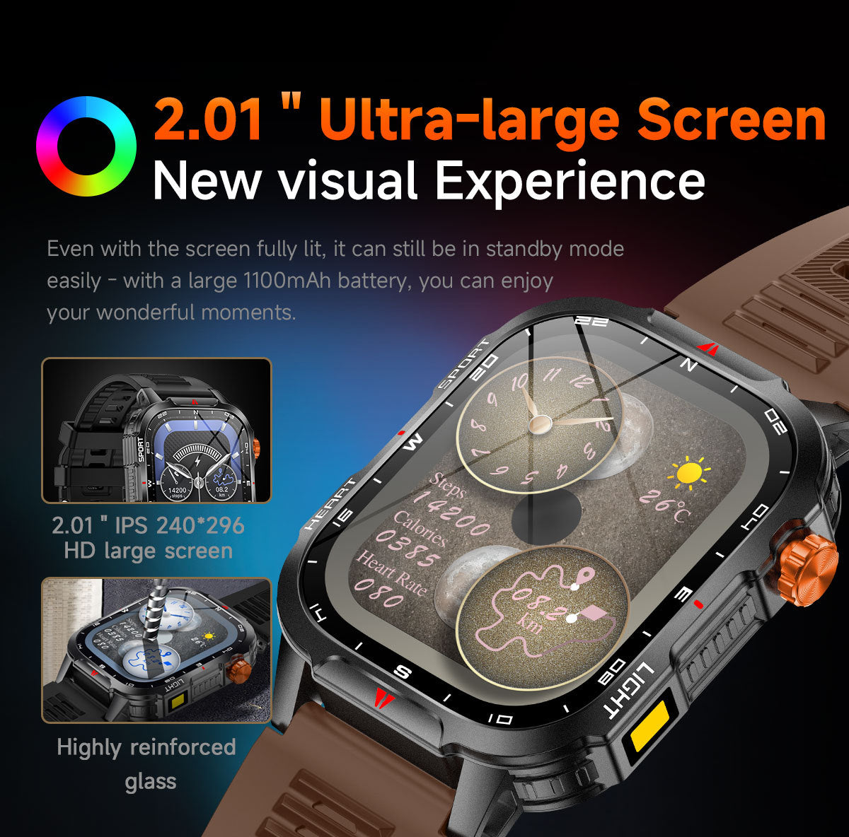 Rugged Outdoor Smart Watch for Men - 1100mAh Extra Long Battery with LED Flashlight & Compass - 2.01" HD Screen Bluetooth Calling IP68 Waterproof Fitness Tracker - Camouflage Color - Image 3