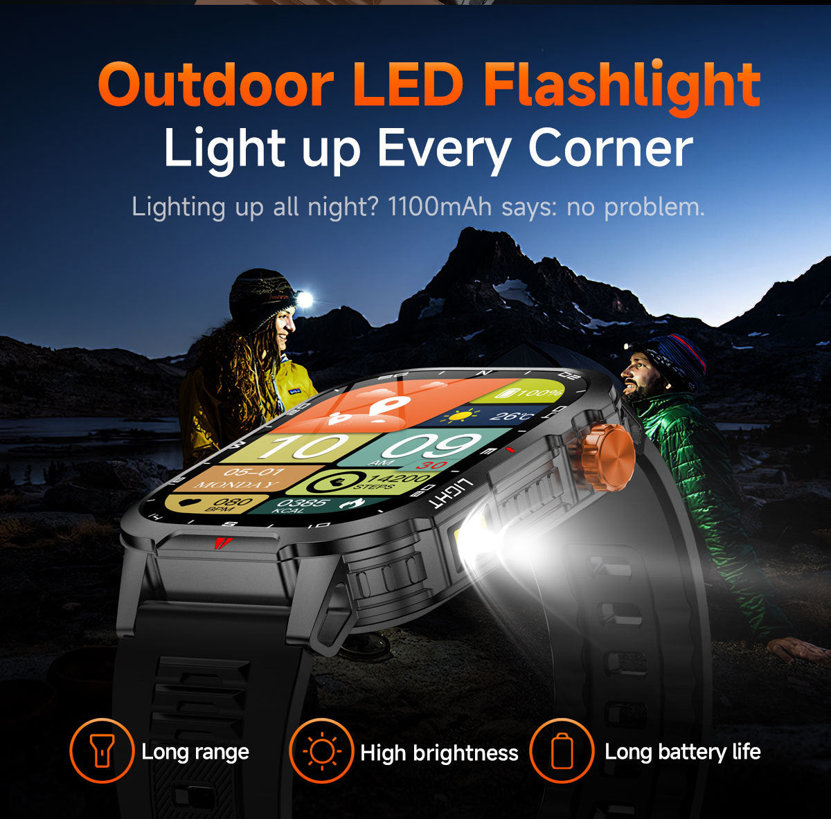 Rugged Outdoor Smart Watch for Men - 1100mAh Extra Long Battery with LED Flashlight & Compass - 2.01" HD Screen Bluetooth Calling IP68 Waterproof Fitness Tracker - Camouflage Color - Image 4