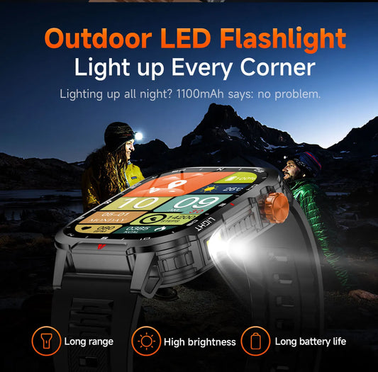 Rugged Outdoor Smart Watch for Men - 1100mAh Extra Long Battery with LED Flashlight & Compass - 2.01" HD Screen Bluetooth Calling IP68 Waterproof Fitness Tracker - Camouflage Color - Image 4