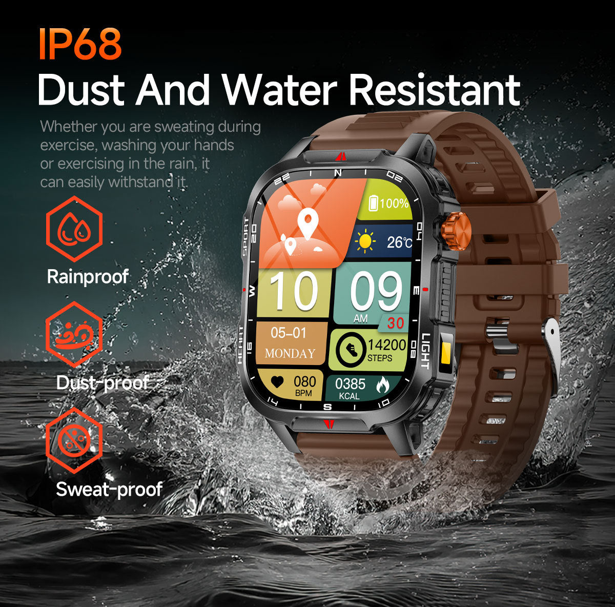 Rugged Outdoor Smart Watch for Men - 1100mAh Extra Long Battery with LED Flashlight & Compass - 2.01" HD Screen Bluetooth Calling IP68 Waterproof Fitness Tracker - Orange - Image 6