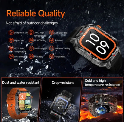 Rugged Outdoor Smart Watch for Men - 1100mAh Extra Long Battery with LED Flashlight & Compass - 2.01" HD Screen Bluetooth Calling IP68 Waterproof Fitness Tracker - Orange - Image 7