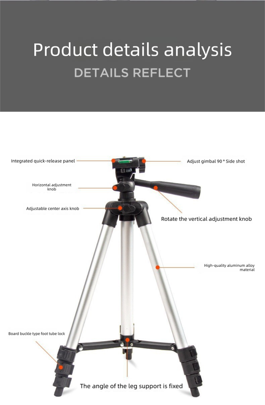 110cm Lightweight Camera & Phone Tripod Stand - Portable Aluminium Travel Tripod with 3-Way Head, Bubble Level & Universal Smartphone Holder - 3110 Adjustable Mount for Live Stream & Vlogging - Black and Silver - Image 7