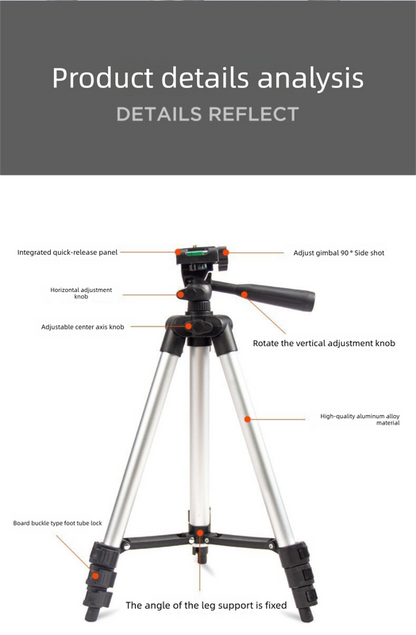 110cm Lightweight Camera & Phone Tripod Stand - Portable Aluminium Travel Tripod with 3-Way Head, Bubble Level & Universal Smartphone Holder - 3110 Adjustable Mount for Live Stream & Vlogging - Black and Silver - Image 7
