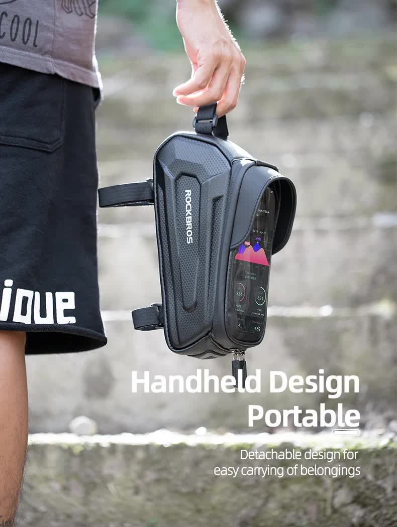 ROCKBROS Hard Shell Bike Top Tube Bag - Waterproof Cycling Frame Pouch with TPU Touchscreen Phone Holder & Sun Visor - 1.7L Large Capacity for MTB & Road Bikes - Black - Image 8