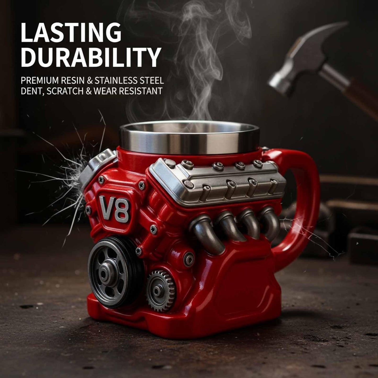 3D V8 Engine Coffee Mug Stainless Steel Liner Resin Novelty Cup 300ml Double Wall Insulated Gift for Car Enthusiasts Mechanics Red - Image 3