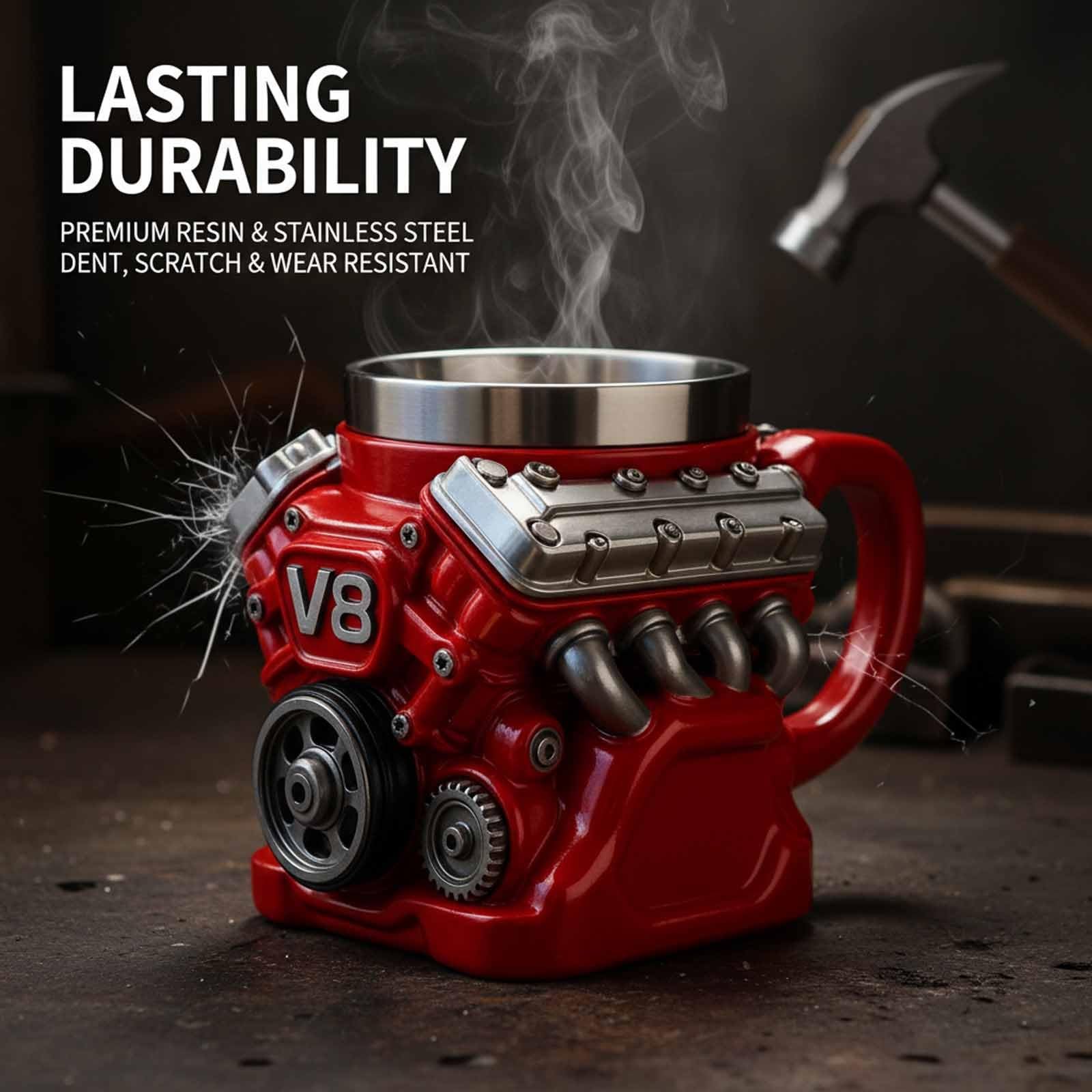 3D V8 Engine Coffee Mug Stainless Steel Liner Resin Novelty Cup 300ml Double Wall Insulated Gift for Car Enthusiasts Mechanics Red - Image 3