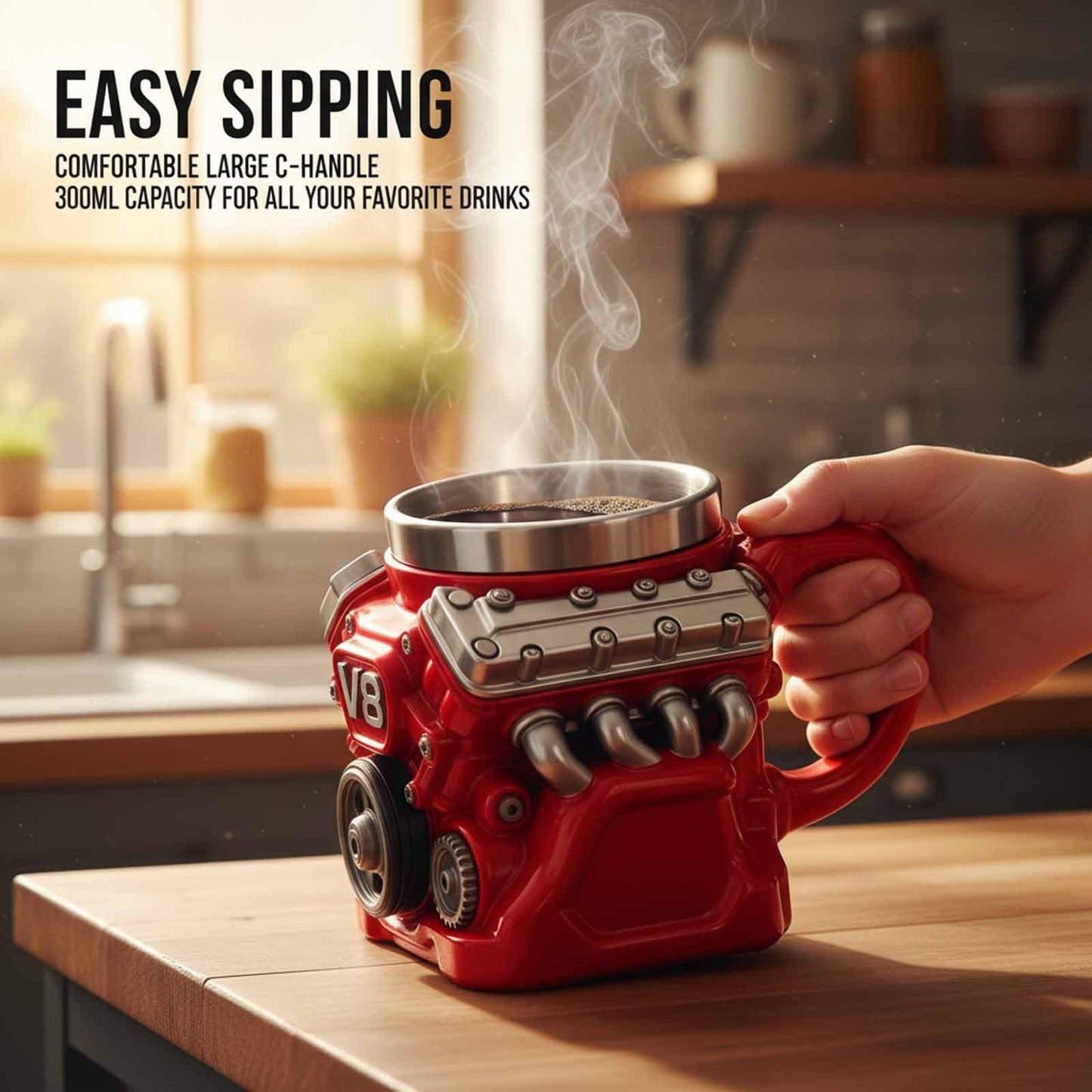 3D V8 Engine Coffee Mug Stainless Steel Liner Resin Novelty Cup 300ml Double Wall Insulated Gift for Car Enthusiasts Mechanics Red - Image 4