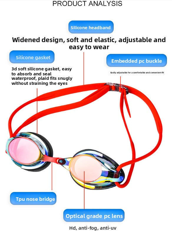 Red Swimming Goggles Mirrored Anti-Fog UV Protection Waterproof HD Silicone Seal Swim Glasses for Men Women Training - Image 6