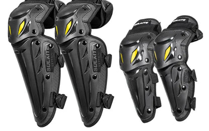 SULAITE CE Level 1 Certified 4 Piece Motorcycle Protective Gear Set Silver Knee Pads and Elbow Guards Long Shin Armour Quick Release for Motocross Dirt Bike