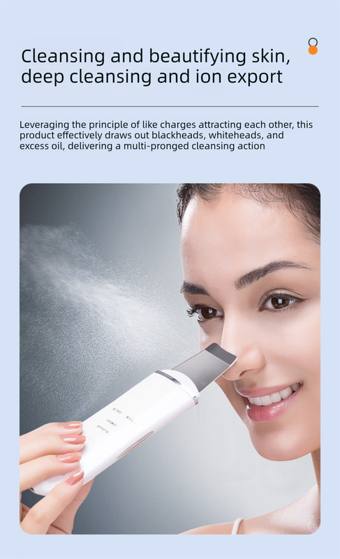 Ultrasonic Skin Scrubber Facial Spatula Blackhead Remover & Pore Cleaner with Ion EMS Lifting Mode Rechargeable Beauty Tool Ivory White - Image 7