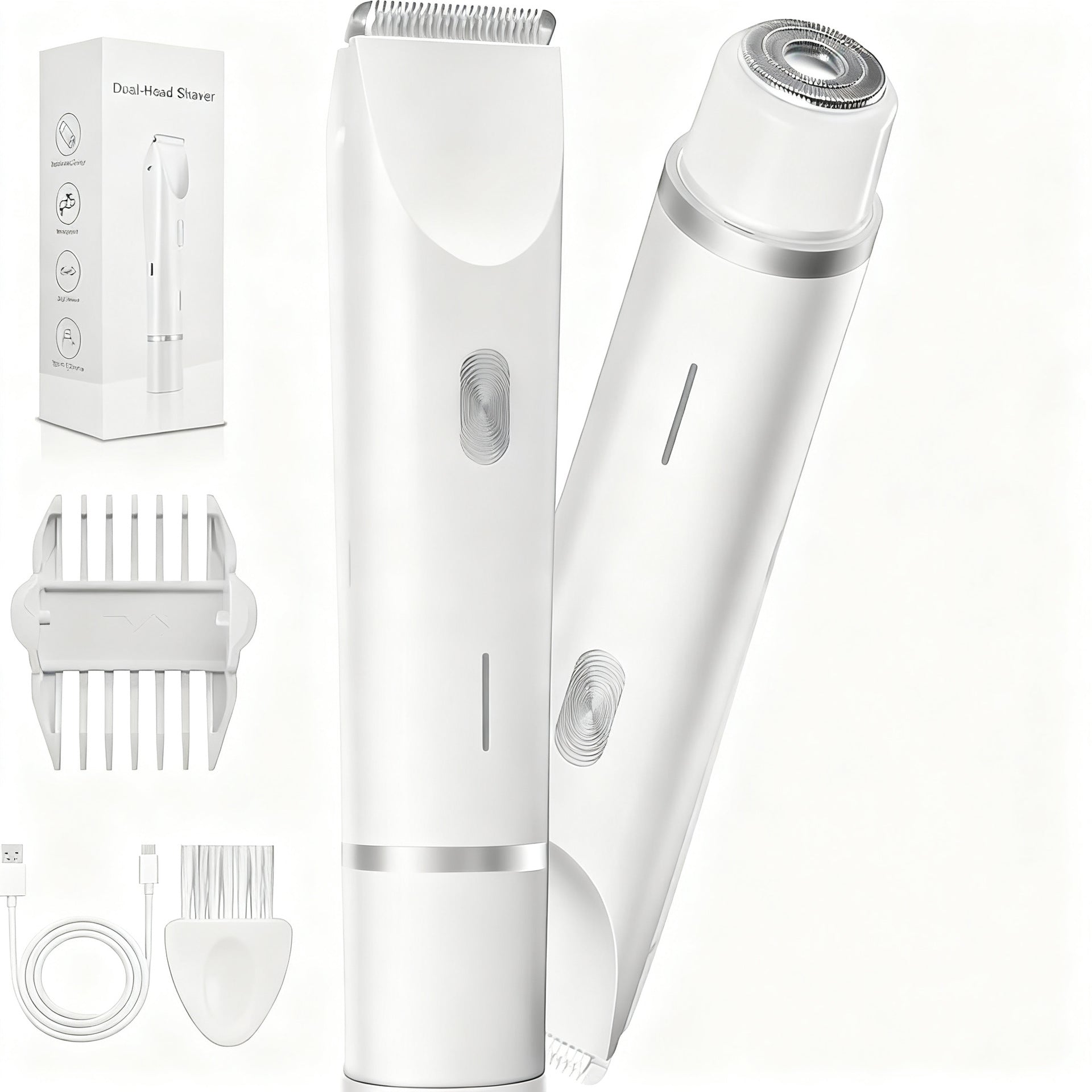 2-in-1 Electric Lady Shaver & Bikini Trimmer Dual Head Waterproof Wet & Dry Body Hair Remover Cordless Razor for Face Legs Underarms White