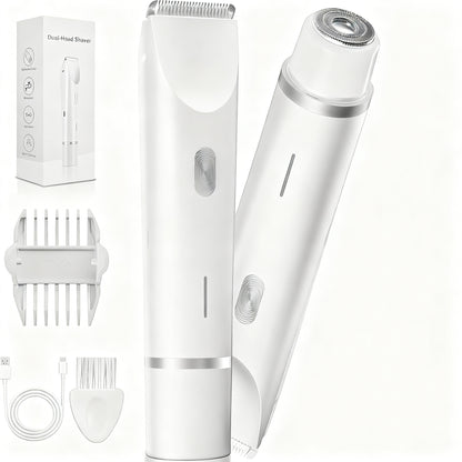 2-in-1 Electric Lady Shaver & Bikini Trimmer Dual Head Waterproof Wet & Dry Body Hair Remover Cordless Razor for Face Legs Underarms White