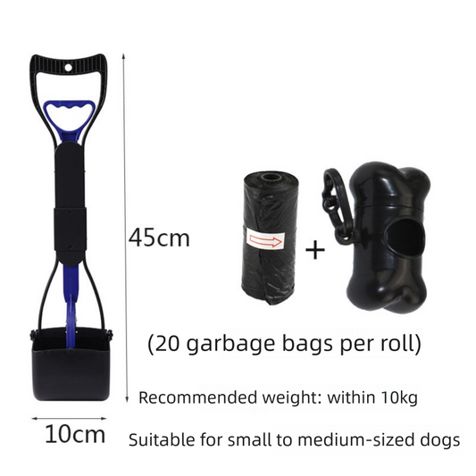 Medium Foldable Pet Pooper Scooper 45cm Portable Dog Waste Jaw Clamp with Bone Dispenser & 20 Bags Blue