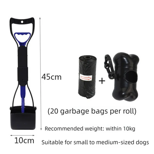 Medium Foldable Pet Pooper Scooper 45cm Portable Dog Waste Jaw Clamp with Bone Dispenser & 20 Bags Blue