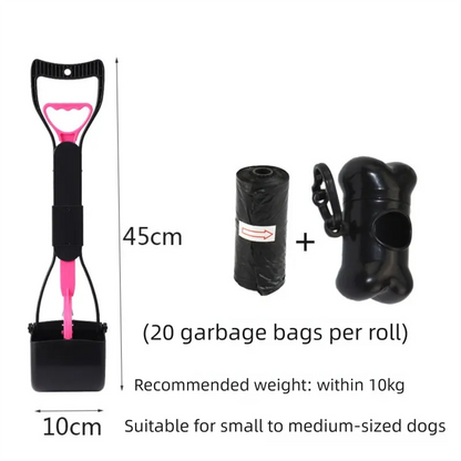 Medium Foldable Pet Pooper Scooper 45cm Portable Dog Waste Jaw Clamp with Bone Dispenser & 20 Bags Pink