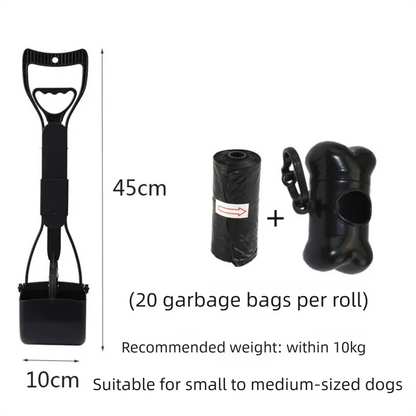 Medium Foldable Pet Pooper Scooper 45cm Portable Dog Waste Jaw Clamp with Bone Dispenser & 20 Bags Black