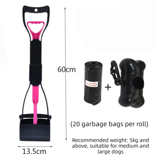 Large Foldable Pet Pooper Scooper 60cm Long Handle Dog Waste Picker Jaw Clamp with Bone Dispenser & Bags Pink