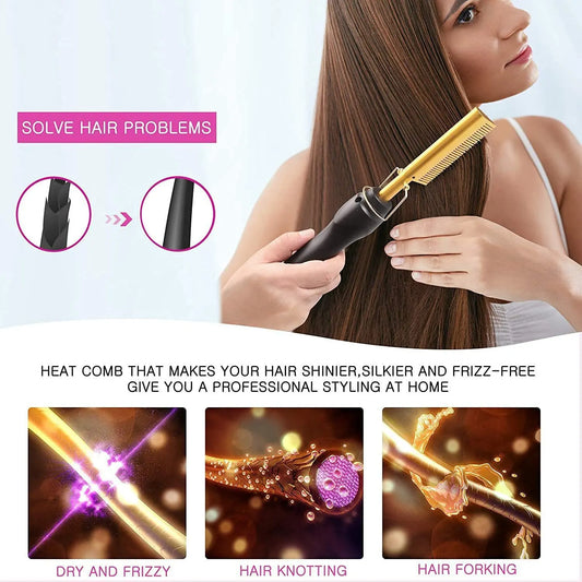 2-in-1 Electric Hot Comb Hair Straightener & Curler Titanium Alloy Heating Fast Heat Up Anti-Scald Pressing Comb with AU Plug 3 Temp Settings Gold - Image 3