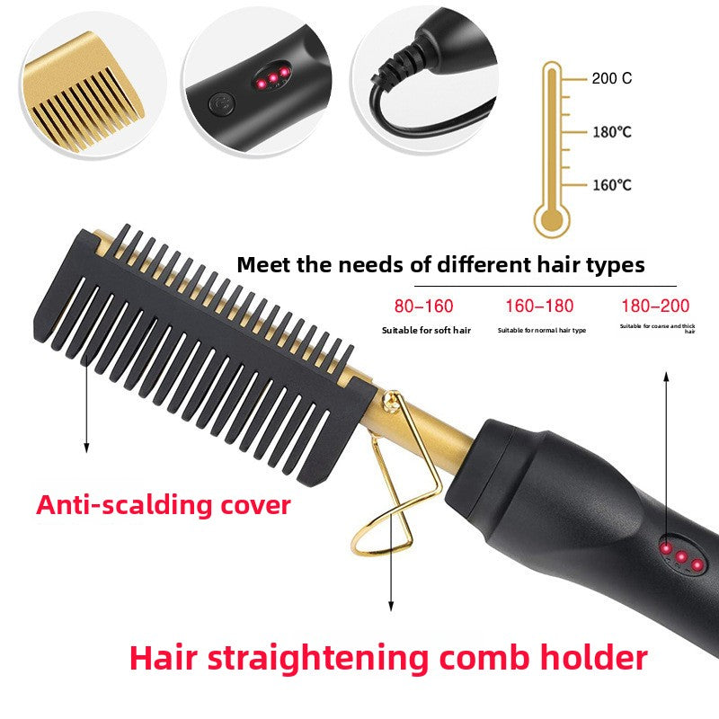 2-in-1 Electric Hot Comb Hair Straightener & Curler Titanium Alloy Heating Fast Heat Up Anti-Scald Pressing Comb with AU Plug 3 Temp Settings Gold - Image 5