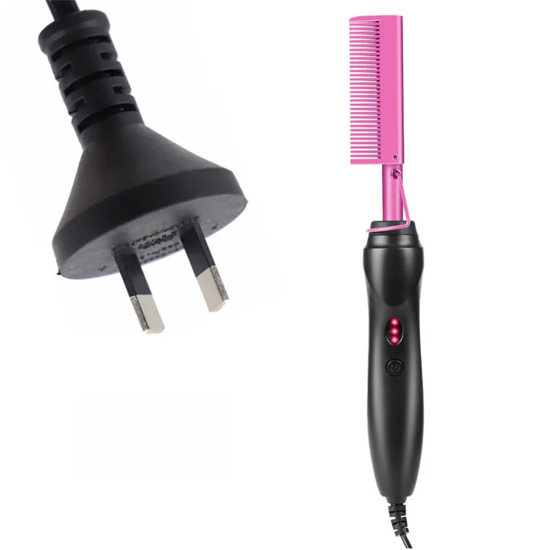 2-in-1 Electric Hot Comb Hair Straightener & Curler Titanium Alloy Heating Fast Heat Up Anti-Scald Pressing Comb with AU Plug 3 Temp Settings Pink