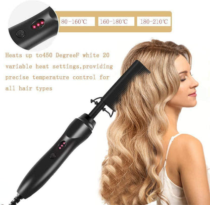 2-in-1 Electric Hot Comb Hair Straightener & Curler Titanium Alloy Heating Fast Heat Up Anti-Scald Pressing Comb with AU Plug 3 Temp Settings Black - Image 2
