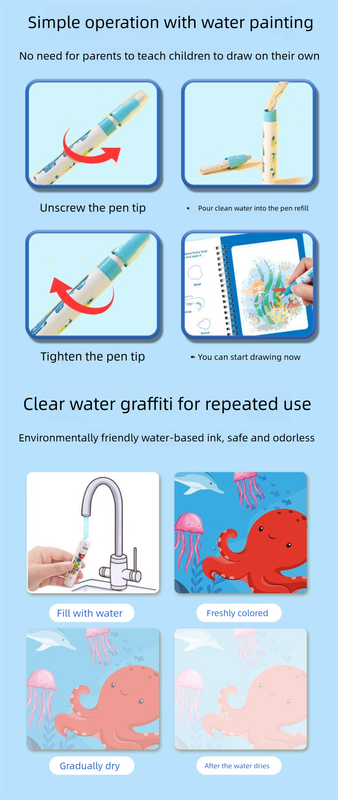 2 PCS Magic Water Colouring Book Animals & Sea World Themes Reusable Painting Activity Set Mess Free Travel Toy for Kids - Image 3