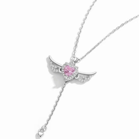 S925 Sterling Silver Angel Wings Necklace with Pink Heart Crystal & Tassel Drop Adjustable Chain Jewellery Gift for Her - Image 2