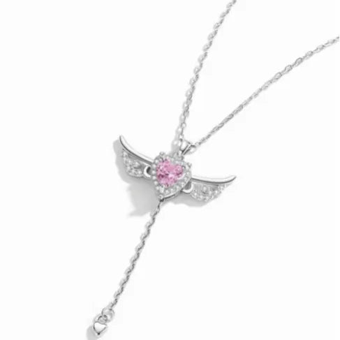 S925 Sterling Silver Angel Wings Necklace with Pink Heart Crystal & Tassel Drop Adjustable Chain Jewellery Gift for Her - Image 2