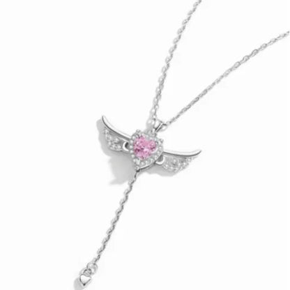 S925 Sterling Silver Angel Wings Necklace with Pink Heart Crystal & Tassel Drop Adjustable Chain Jewellery Gift for Her - Image 2