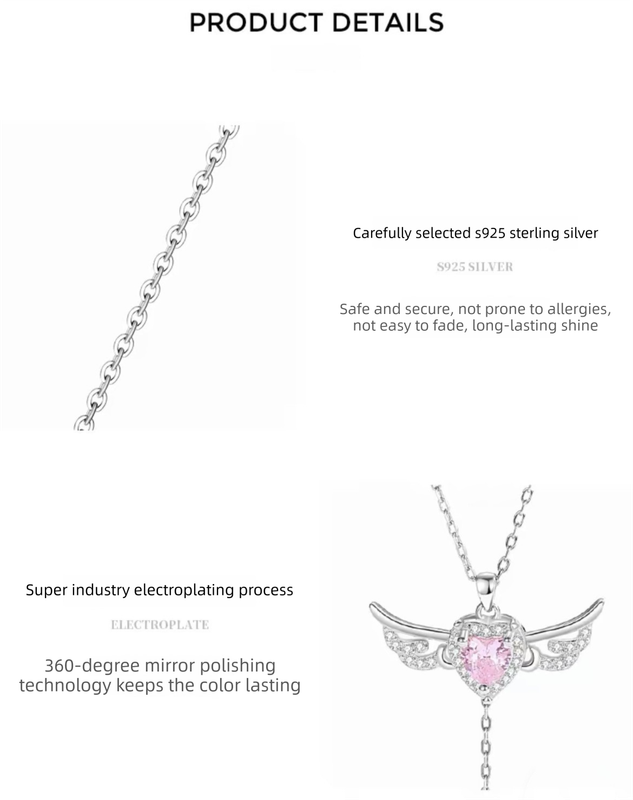 S925 Sterling Silver Angel Wings Necklace with Pink Heart Crystal & Tassel Drop Adjustable Chain Jewellery Gift for Her - Image 4