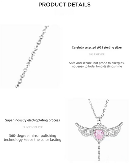 S925 Sterling Silver Angel Wings Necklace with Pink Heart Crystal & Tassel Drop Adjustable Chain Jewellery Gift for Her - Image 4