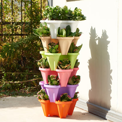 White 3-Tier Stackable Strawberry & Vegetable Planter with Mobile Wheel Tray - Space-Saving Vertical Gardening System - Image 9