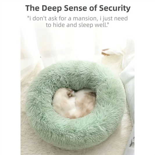 Grey Cozy Donut Long Plush Cat & Dog Calming Bed(Diameter 50cm) - Double-Layer PP Cotton Filling Warming Pet Bed with Anti-Slip Base & Free Blanket - Image 3