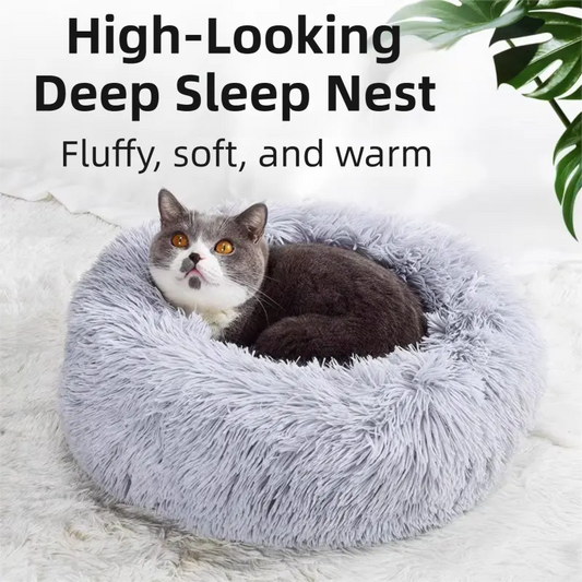 Pink Cozy Donut Long Plush Cat & Dog Calming Bed(Diameter 50cm) - Double-Layer PP Cotton Filling Warming Pet Bed with Anti-Slip Base & Free Blanket - Image 2