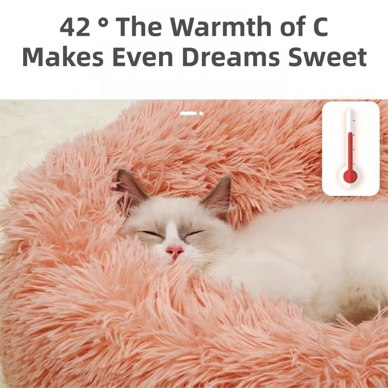 Pink Cozy Donut Long Plush Cat & Dog Calming Bed(Diameter 50cm) - Double-Layer PP Cotton Filling Warming Pet Bed with Anti-Slip Base & Free Blanket - Image 5