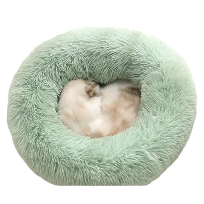 Green Cozy Donut Long Plush Cat & Dog Calming Bed(Diameter 50cm) - Double-Layer PP Cotton Filling Warming Pet Bed with Anti-Slip Base & Free Blanket